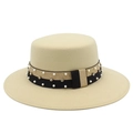 Beige vintage wool boater hat with pearl and rhinestone ribbon for men and women - Beige