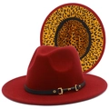 Detail of red fedora hat with leopard print brim and metal horsebit buckle decoration - One Size / Burgundy