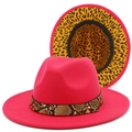 Detail of rose red fedora hat featuring snakeskin band and leopard print lining - Rose Red