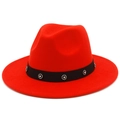 Detail of red wool fedora hat with rhinestone floral band decoration on white background - Red