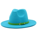 Close-up of bright blue wool fedora hat with green faux leather belt and gold buckle - One Size / Sky Blue