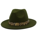 Close-up of olive green fedora hat featuring a brown snakeskin band and gold metal rivet - Army Green
