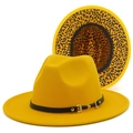 Classic yellow jazz fedora with black leather band and leopard print underbrim detail - One Size / Yellow