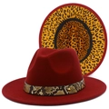 Detail of burgundy fedora hat with snakeskin band and yellow leopard print brim lining - Burgundy