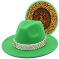 Detail of green wool fedora hat with studded band and leopard print inner lining - Green