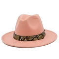 Close-up of pink wide brim wool fedora with snakeskin leather belt and gold stud - Flesh Pink