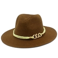 Detailed view of brown straw Panama hat with yellow rope and gold chain link decoration - Coffee