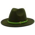 Detail of dark green wool fedora hat featuring a neon green leather belt and gold buckle - One Size / Army Green