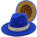 Detail view of royal blue fedora hat featuring studded trim and leopard print lining - Sapphire Blue
