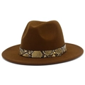 Detail of dark brown wool fedora hat featuring snakeskin leather band and gold rivet - Coffee