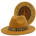 Detail of camel fedora hat featuring snakeskin band and leopard print underbrim - Khaki