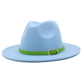 Close-up of light blue wool fedora hat featuring a green leather band and gold buckle detail - One Size / Light Blue