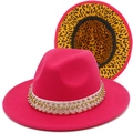 Detail of rose red fedora with pearl rivets and vibrant leopard print brim lining - Rose Red