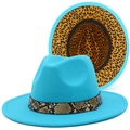 Detail of sky blue fedora showing leopard print lining and snake pattern belt with stud - Sky Blue