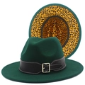 Detail view of dark green fedora hat featuring black leather band and leopard print lining - Dark Green