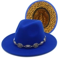 Detail of royal blue wool fedora hat with silver chain and leopard print lining - Sapphire Blue