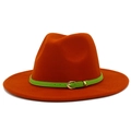 Detail of orange wool fedora featuring a green leather band with a gold buckle - One Size / Dark Orange