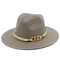 Women's woven sun hat with wide brim, golden chain detail and rope trim for beach vacations - Gray