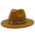 Detail view of camel wool fedora hat featuring snake print leather band and gold metal rivet - Brown