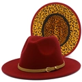 Wine red wool fedora hat with leopard print lining and leather belt buckle detail - Burgundy