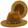 Detail of camel wool fedora with snake skin band and leopard print brim lining - Brown