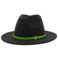 Detailed view of black wool fedora featuring a contrast green leather belt with gold buckle - One Size / Dark Gray