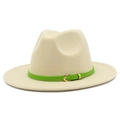 Detail of cream wool fedora hat featuring a vibrant green leather belt and gold buckle - One Size / Beige
