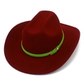Detail of burgundy wool fedora hat featuring a neon green belt strap and gold buckle - One Size / Burgundy