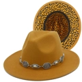 Close-up of vintage chain detail and leopard print lining on the wool fedora hat - Khaki