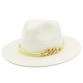 Detail view of woven white straw sun hat with golden chain and yellow ribbon trim - White