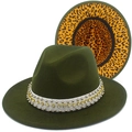 Detail of olive green wool fedora with rhinestone ribbon and leopard print lining - Army Green