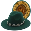 Detail view of dark green wool fedora hats with metal chain and leopard print lining - Dark Green