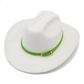 Close-up of white wool felt cowboy hat featuring a bright green leather band with gold buckle - One Size / White