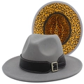 Light gray wool fedora hat with leopard print lining and leopard patterned decorative belt - Gray