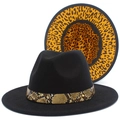 Detail of black fedora hat with snake print band and leopard lining inside - Black