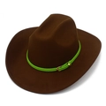 Detail of dark brown wool cowboy hat featuring a vibrant neon green belt with gold buckle - One Size / Coffee