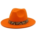 Detail of orange wide brim fedora hat featuring a snakeskin belt and gold metal stud - Orange