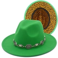 Green wool fedora hat with leopard print brim and vintage silver metal chain link decoration - Green
