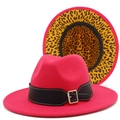 Detail of fuchsia fedora hat showing leopard print lining and black belt with buckle - Rose Red