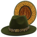 Detail of dark green wool fedora showing snakeskin band and leopard print lining - Army Green
