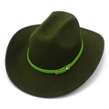 Dark green wool felt fedora hat with bright green faux leather belt and gold metal buckle - One Size / Army Green