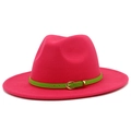 Detail of pink wool fedora hat featuring a neon green leather band and gold buckle - One Size / Rose Red