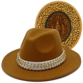 Detail of yellow fedora hat with leopard print brim and studded pearl headband - Brown