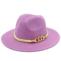 Detail of purple woven Panama hat with yellow rope and gold chain decorative strap - Purple