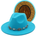Detail of turquoise fedora hat with leopard print brim and metallic chain band - Sky Blue