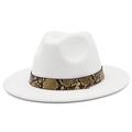 White wide brim fedora hat with brown snake print band and golden metal rivet detail - White