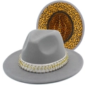 Detail of grey wool felt fedora featuring leopard print lining and rhinestone studded band - Gray