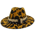 Ginger cow print fedora hat with wide brim featuring pearl and rhinestone band decoration - One Size / Brown