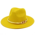Bright yellow straw panama hat for women with white cord and golden chain decoration - Yellow