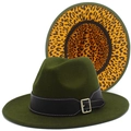 Detail of dark green fedora hat featuring leopard print lining and black leather band - Army Green